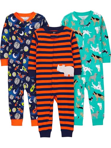 Simple Joys by Carter's Baby Boys' 3-Pack Snug Fit Footless Cotton Pajamas, Navy Space/Rust Stripe/Turquoise Green Dogs, 12 Months