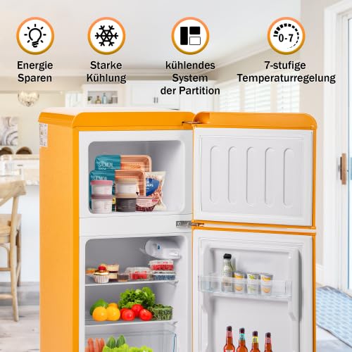 Merax Retro Kühlschrank mit Gefrierfach – Kleiner Mini Kühlschrank, 60L Gesamtvolumen, 22L Gefrierfach, 38L Kühlfach, 7 Temperaturstufen, Energieeffizienzklasse E, LED-Licht, Kompakt und Gelb