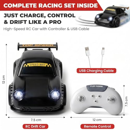Image of 2.4GHz RC Drift Car with LED Lights & Auto Demo - Rechargeable Remote Control Racing Toy | Follow Me Escape Mode High-Speed Stunt Sports Car for Kids 6+ Years (Black)