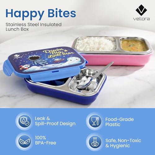 Image of Stainless Steel Lunch Box for Kids, Boys & Girls, Space Design with 2 Compartments, Leakproof Tiffin Box for School, BPA-Free, Easy to Carry & Clean, Multipurpose Lunch Box for Outdoor Use