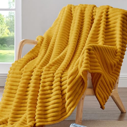 Image of BEDELITE Ribbed Twin Blanket for Couch & Bed, Mustard Yellow, 60 inchx80 inch