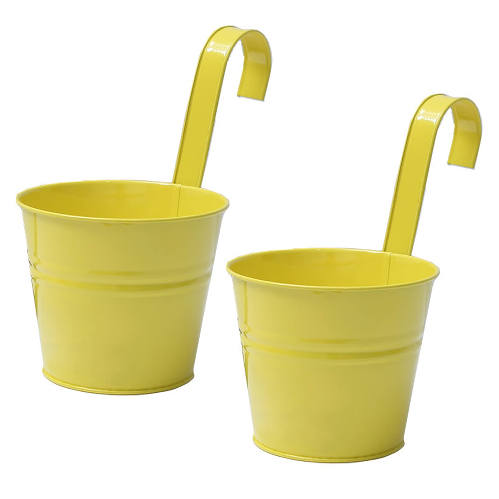 ZXCFTG 2pcs Metal Iron Hanging Flower Pots 4 x 6In Balcony Garden Plant Planter Baskets Fence Bucket Pots Flower Holders with Detachable Hook and Drainage Hole for Railing Fence Patio, Yellow
