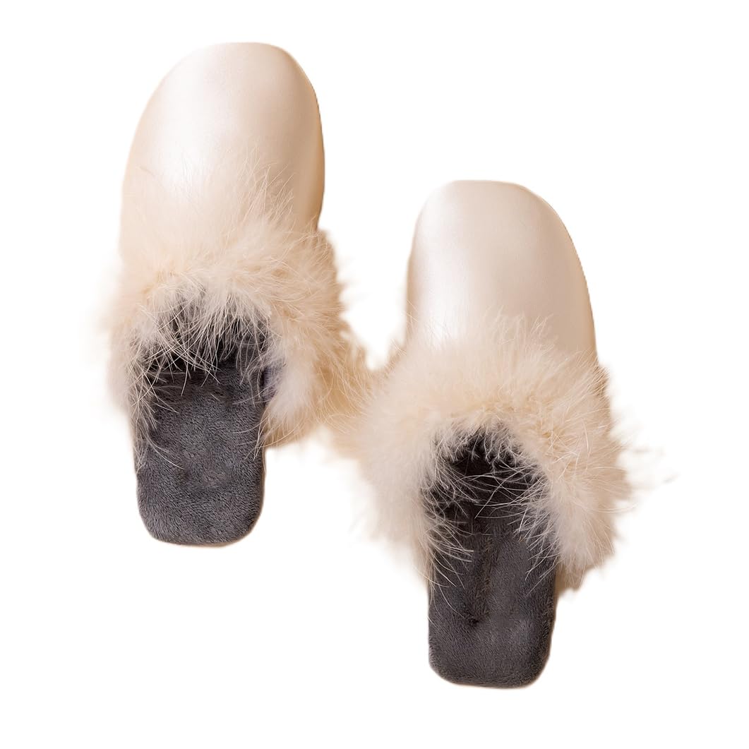 Mujer Hombre Pantuflas De Satén Borde De Plumas Forro Polar Chanclas Elegantes Zapatillas De Casa Sandalias para Interior Y Exterior(38/39 EU, White-Style1)