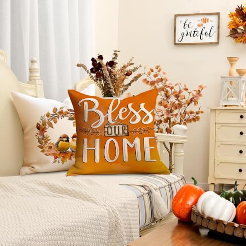 Image of RABUSOFA Fall Throw Pillow Covers 18x18 Inch Set of 4,Bird Floral Blessed Autumn Decor Thanksgiving Outdoor Orange Farmhouse Cushion Case Decoration for Home(Orange, 18 inch x 18 inch)