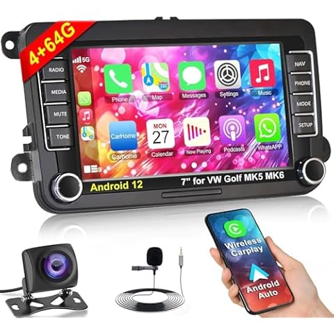 4+64 Android 12 Car Stereo for VW Golf Passat Jetta MK5 MK6 RCD330, 7 Inch IPS Touch Screen Car Radio Cover