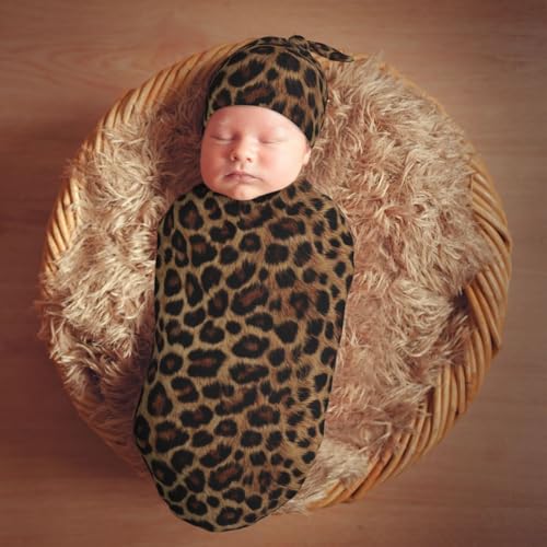Image of Dark Light Brown Leopard Print Swaddle Blanket with Beanie Hat Set Newborn Swaddle Wrap Soft Baby Receiving Blankets Baby Swaddle Blanket for Baby Boys and Girls