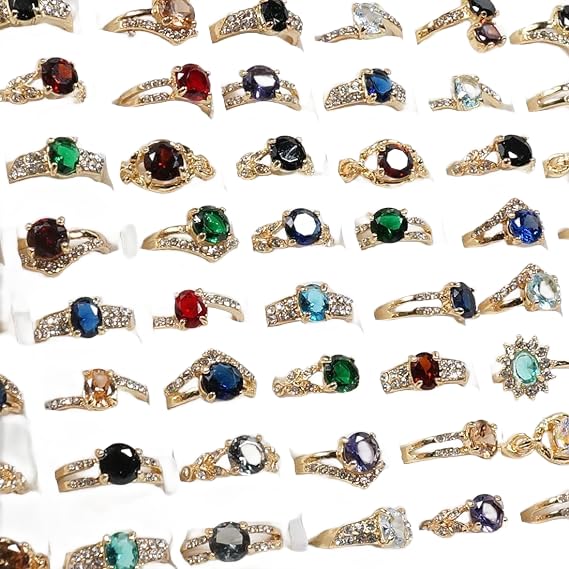 50PCS Fashion Wholesale Lots,Bulk Rings Colorful Rhinestone Ring for Boutique Resale (50PCS OPP Bag)