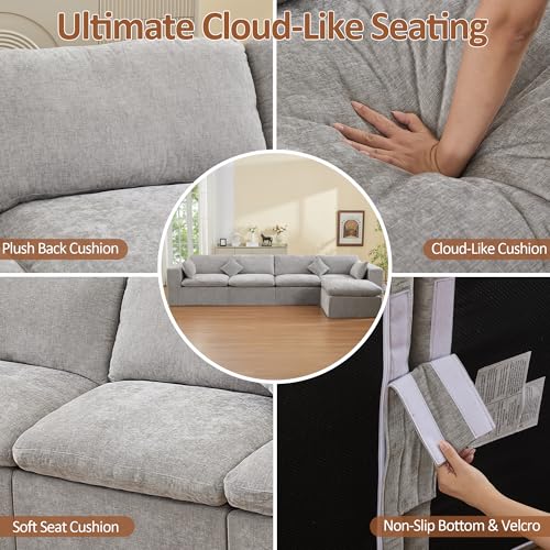Image of 146''Cloud Boneless Sectional Couch, Modular Sectional Sofa Deep Seat with Ottoman, Oversized Upholstered Convertible Comfy 5 Seater Chenille Sofa L Shape Couches for Living Room, Light Grey