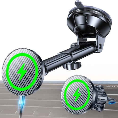 Image of Coolpow for MagSafe Car Mount Charger【Ultra Magnet】 Magnetic Phone Holders for Your Car Charger【Windshield+Vent+Dash】 Magnetic Wireless Car Phone Holder Charger Car Mount for iPhone 17 (Carbon Fiber)