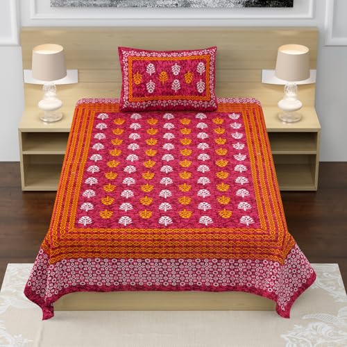 RajasthaniKart® Pure 100% Cotton Single Bed Sheet with 1 Pillow Cover (Bedsheet for Single Bed Cotton, Red Small Booty)