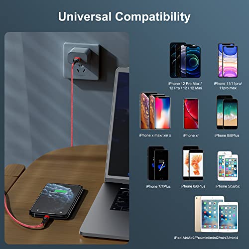 Image of Essri Apple MFi Certified 3 Pack iPhone Charger 6ft, Long Lightning Cable Strong Nylon Braided Charging Cable 6 Foot, Fast iPhone USB Cord for Apple iPhone11 / X /XS /XR /8 /7 /6 /5S /SE /iPad Mini Air（Red）