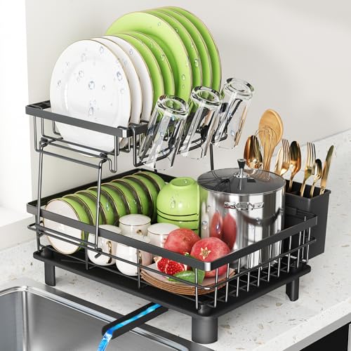 romision Two Tier Dish Drainer Rack with Draining Board Black Stainless Steel Washing Up Drainer for Kitchen Sink Auto Drainage Spout Cutlery & Cup Holder Rustproof