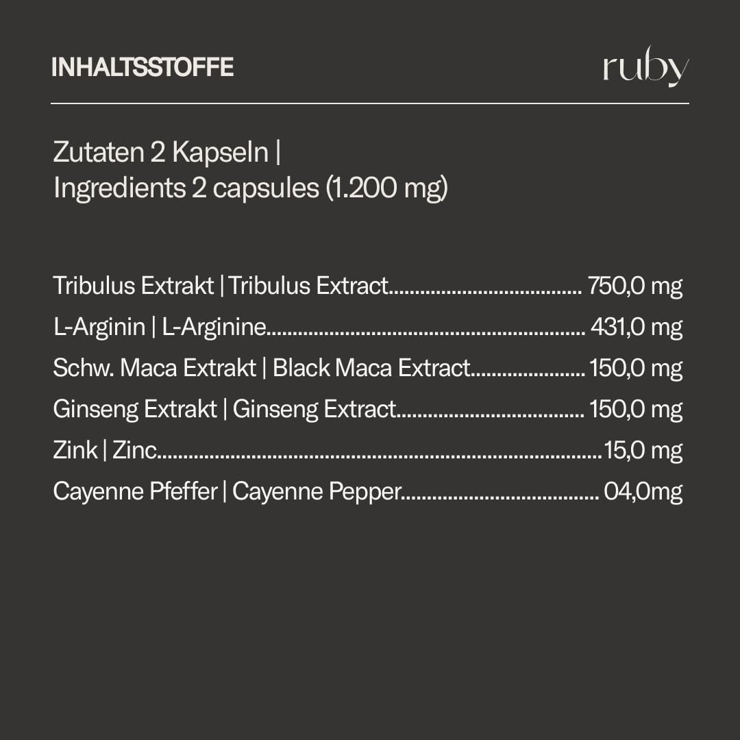 ruby für ihn - Maca-Komplex - mit hochdosiertem Tribulus Terrestris, Maca, Zink & L-Arginin - Pflanzenextrakt - 60 Stück – Vegan