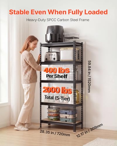 Image of VEVOR Storage Shelves, 5-Tier Adjustable, 2000 lbs Capacity, Heavy Duty Garage Storage Shelving Unit, Metal Utility Rack Shelf, for Kitchen Pantry Basement Bathroom, 28.35 inch W x 12.17 inch D x 59.84 inch H