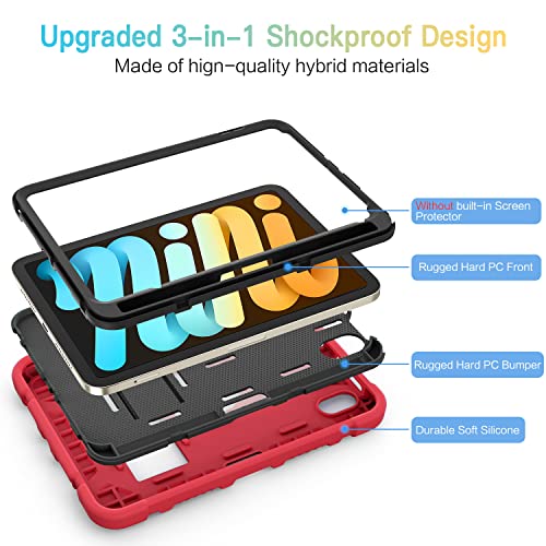 Case for iPad mini 7 A17 Pro 2024 / iPad mini 6 2021 8.3 Inch, Heavy Duty Shockproof Rugged Protective Case for iPad mini 7th/6th Generation 8.3", Red