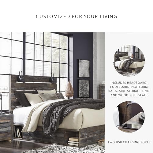 Image of Signature Design by Ashley Drystan Queen Panel Bed with 2 Storage Drawers, Sconce LED Lights, and USB Charging Ports, Engineered Wood Platform Design, No Box Spring Needed, Dark Brown and Gray
