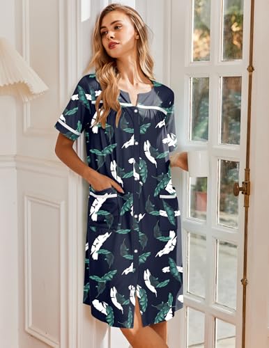 Image of Ekouaer Nightgowns for Women House Dress with Pockets Snap Front House Coat Short Sleeve Duster Moo Moos Sleepwear S-3XL