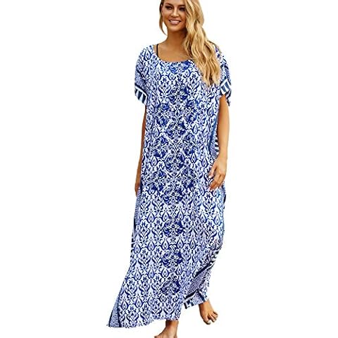 LikeJump Women's Cotton Print Kaftan Swimsuit Kimono Cover Up Loose Beach Robe Maxi Dress Cover