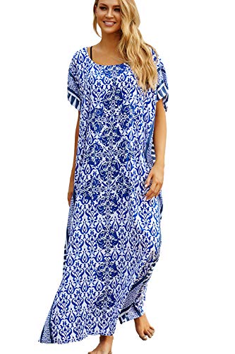 LikeJump Femmes Kaftan Coton Imprimé Maillot de Bain Kimono Longue Cover Up Bikini Robe de Plage Pareo