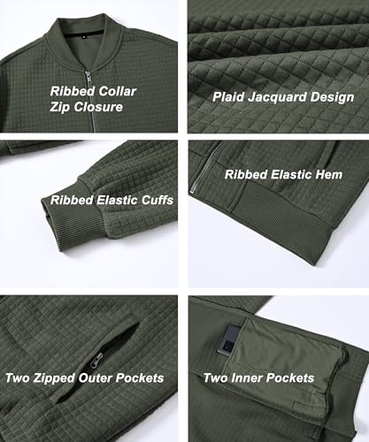 Image of YuKaiChen Mens Lightweight Bomber Jacket Casual Plaid Jacquard Varsity Jacket Coat with Zipper Pockets