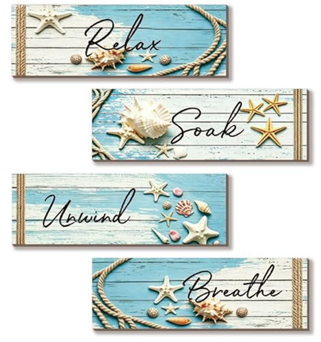 4 Pieces Ocean Beach Bathroom Decor Ocean Room Decors Relax Soak Unwind Breathe Beach Bedroom Wall Art Wooden Seashell Decorations for Bathroom Living Room Washroom, 12x3.5 Inch