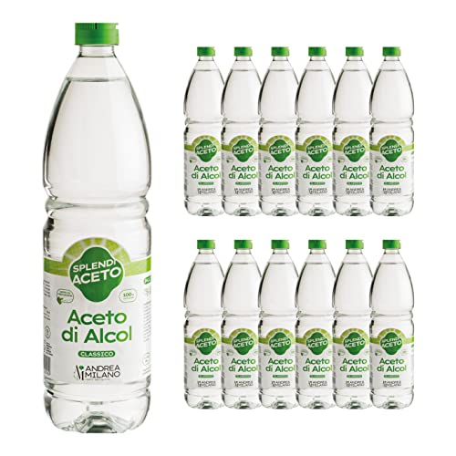 Andrea Milano, Splendi Aceto, Aceto di Alcool 100% Naturale, Acidità 6%, Soluzione Versatile per Qualsiasi Impiego, Multiuso, Ideale per la Pulizia di Tutta la Casa, 12 Bottiglie PET da 1 L