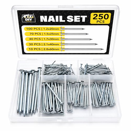 SOL 250pk Nails for Wood Set Assorted 20mm-60mm Flat Head Small to Long Sizes Ideal for Fence Wall Wood Nails Outdoor Use Masonry DIY Construction Picture Hanging and Home Improvement