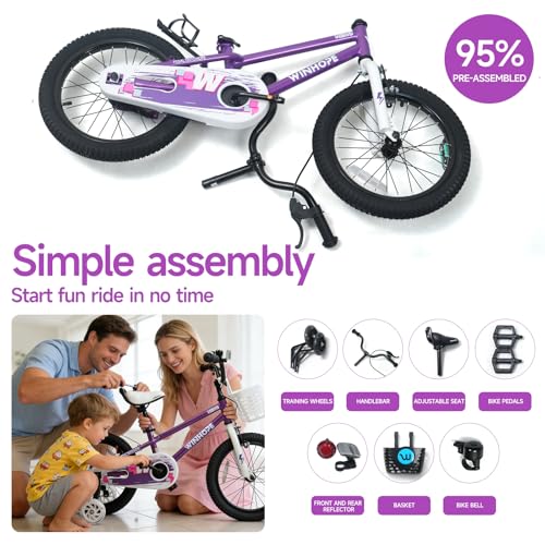 Image of WinHope 12-18 Inch Kids Bike with Light up Training Wheels for Boys Girls | Dual Brake Bicycle with Basket Adjustable Seat Water Bottle for Summer Riding Birthday Gift for Toddler 2-9 Years