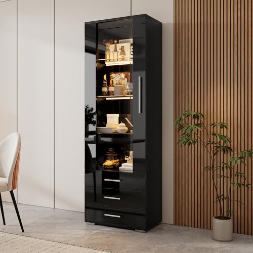Kebnor Vitrina de cristal brillante, vitrina vertical con 3 cajones, 60 x 35 x 180 cm (negro)