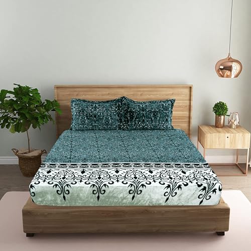 KAARIGIRI Velvet Warm Winter Solid Flannel Elastic Fitted Bedsheets for Double Bed King Size 72 X 78 Inches with 2 Pillow Covers 280 GSM |Double Bed Warm Bedsheet (Green Abstract)