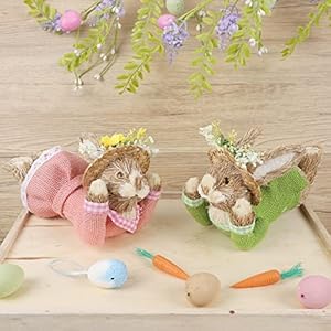 Drdudu set of 2 easter decorations bunny straw bunny figurine tabletop decor easter rabbit statue spring home decor for table office kitchen farmhouse bunny  urban country home decor