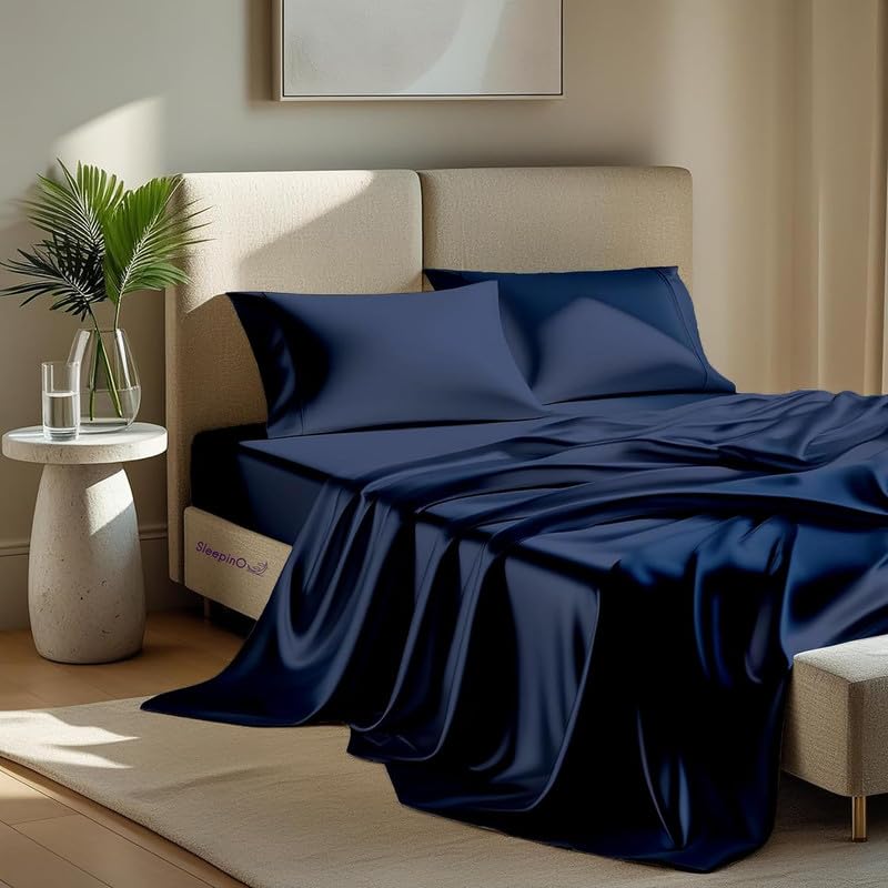 Image of Premium Satin Double Bed (90x100 Inchs) with 2 Pillow Cover Bedsheet Ultra Soft & Silky Smooth, Breathable Cooling Fabric, Luxury Glossy Finish|Navy Blue
