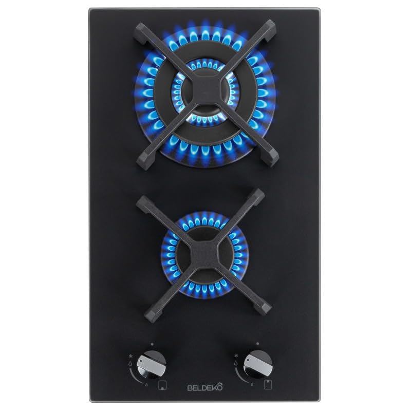 PLAQUE DE CUISSON GAZ 2 FEUX DOUBLE COURONNE - VERRE NOIR MAT ET FONTE - 5200 WATTS - BELDEKO