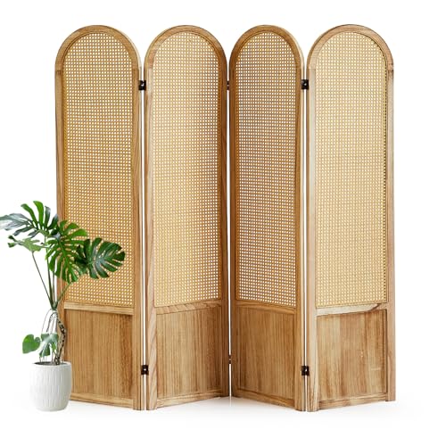 4 Panel Room Divider and Folding Privacy Screen 5.6 Ft Foldable Double Hinged Rattan Partition Hand-Woven Rattan Room Divider Portable Wood Freestanding Wall Divider for Room Separation - Natural