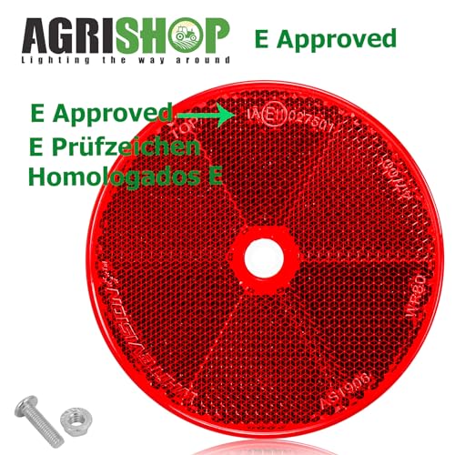 AGRISHOP 2X Reflektoren Rückstrahler,Reflektoren Anhänger PKW mit Schrauben,Rot Rund Reflektoren Ø80mm Katzenauge für Einfahrt Zaun Tor Pfosten Boot Reflektor