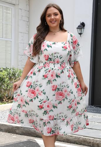 Image of Plus Size Chiffon Floral Dresses for Curvy Women Casual Summer A-Line Wedding Guest Party Dress with Smocked Waist