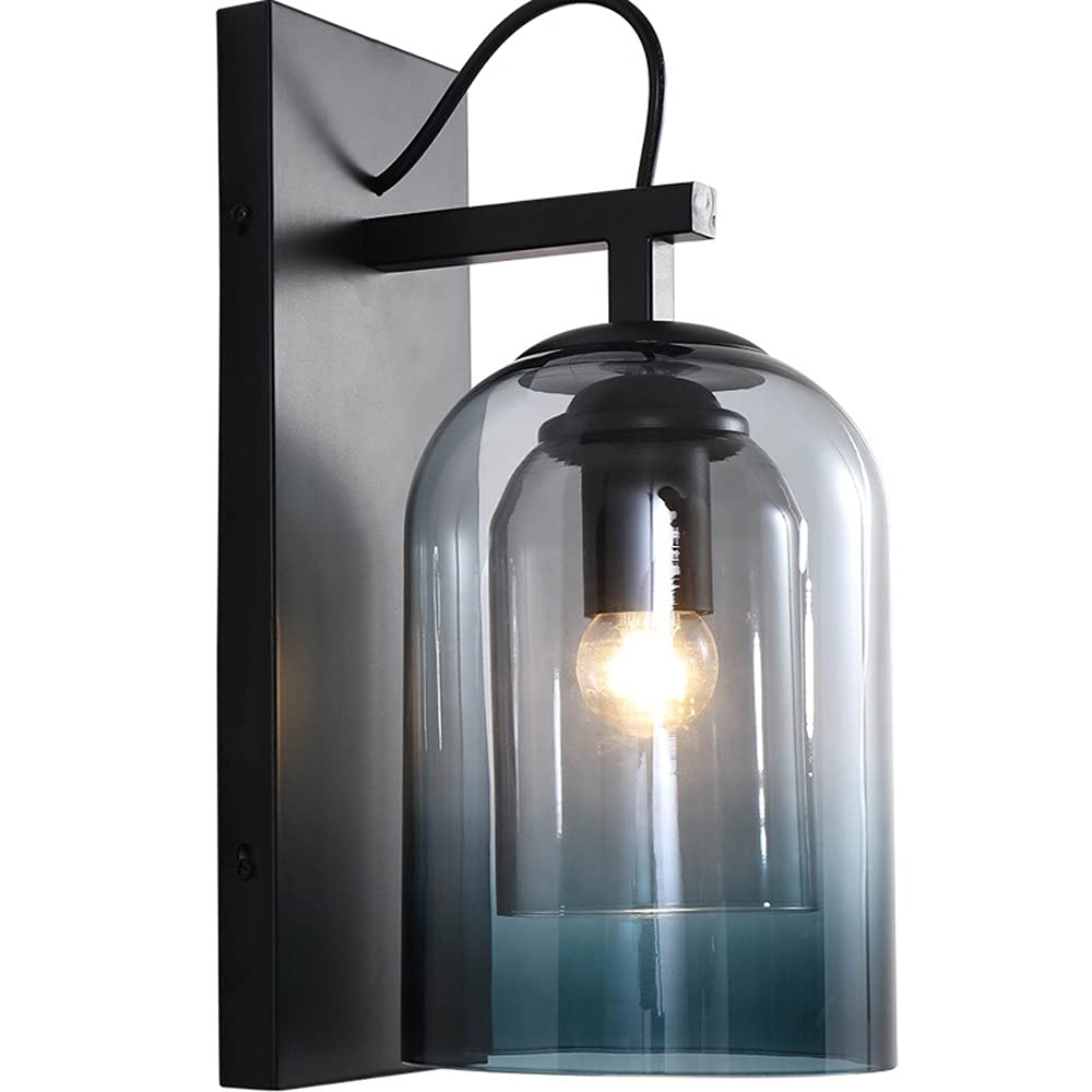 IVEKYKIBC European Wall Light Minimalist Modern Sconce Lamp White Warm Tricolor Lights Dark Blue Gradient Glass Lampshade E27 Base Lighting Compatible with Bedroom Bedside Apartment Vi(Warm Light)
