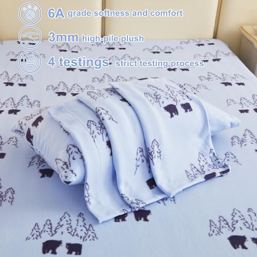 Image of Softan Fleece Sheets Full Size, Flannel Like Soft, Velvet Polar Microfleece Sheets for Winter, Blue Bear