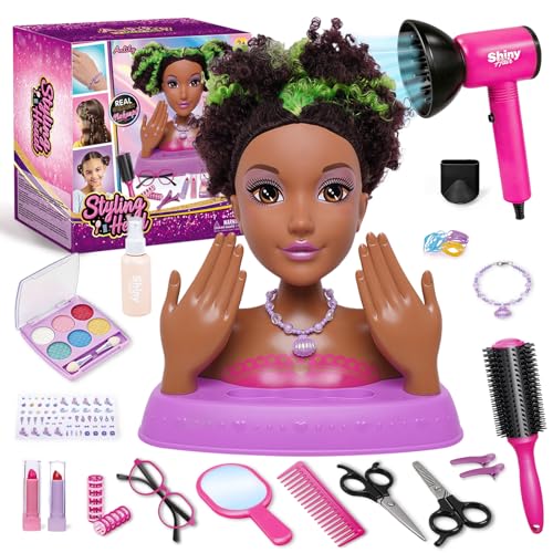 Black Styling Doll Head with Green Highlights - 10.5” Afro Hair Braiding Salon Set with Washable Makeup, 25+ Accessories, Ethnic Doll Hairdresser Playset, Creative Gift for Girls Ages 3 4 5 6 7 8+