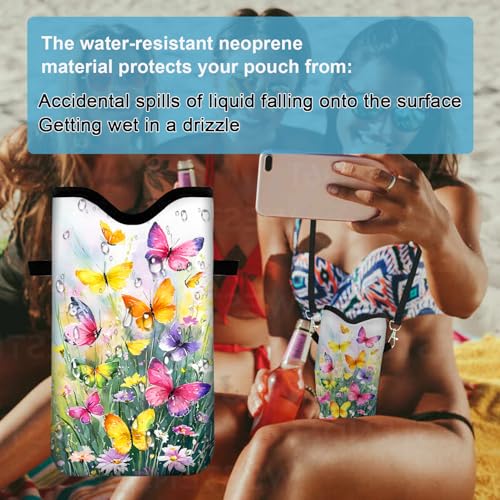 Image of Neoprene Cell Phone Sleeve Pouch Case Bag with Crossbody Strap Neck Lanyard for Women 7.1 X 3.9 in Flower Butterfly