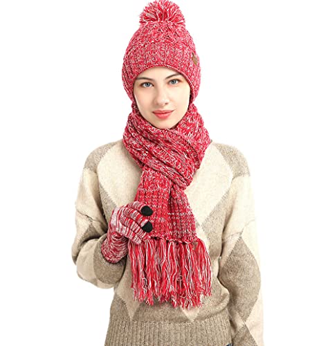 Ensemble trois pièces femme rouge tricoté en laine acrylique avec bonnet écharpe gants