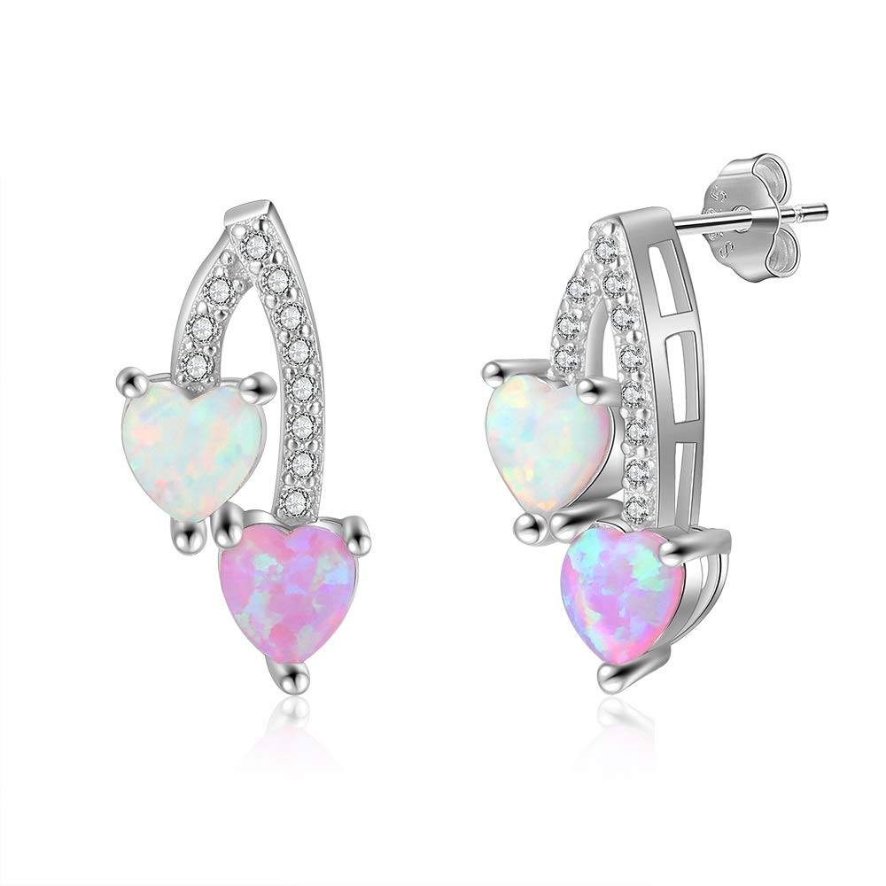 Women 925 Sterling Silver Stud Earrings Double Heart Earrings White Pink Opal Earrings With Zircon Fine Jewelry