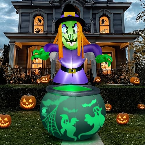 Joiedomi 6 Ft Halloween Inflatable Witch and Cauldron Decoration with Projecting Rotating Green Ghost Light Inflatable Yard Decor Blow Up with Build-in LEDs for Halloween Party Indoor Outdoor Decor