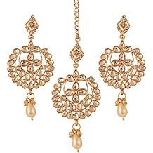 Touchstone Indian Jewelry Earrings maang Tikka Set for Women Head tika Forehead Hair Piece Combo Wedding Guest Gold Silver Chandelier Bollywood Style Bridal White Stone Simple Headpiece Accessories