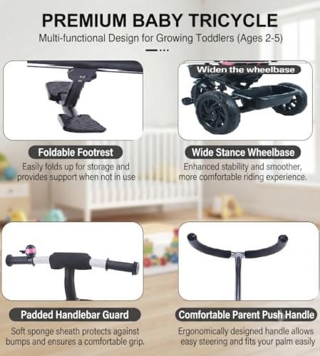 Image of JoyRide Learn-to-Ride Trike on 3 Wheels with Safety Harness, Non-Slip Pedal,Storage Basket and Removable Parent Handle (Dark Blue)