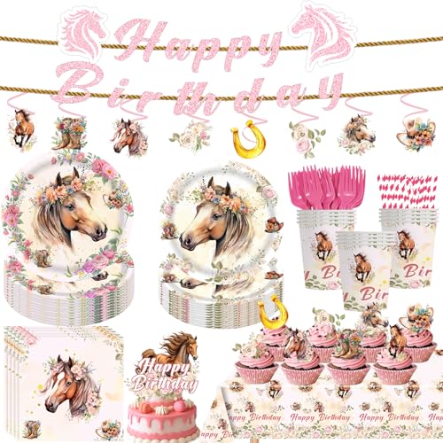139 Pcs Cowgirl Birthday Party Decorations Tableware Set Serve 20 Horse Party Supplies Includes Plates Napkins Cups Banner Hanging Swirl Tablecloth Cake Topper for Girl Birthday Decorations