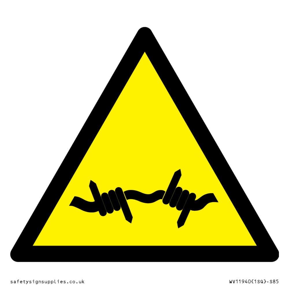 W033 Warning: Barbed wire Sign - 85x85mm - S85