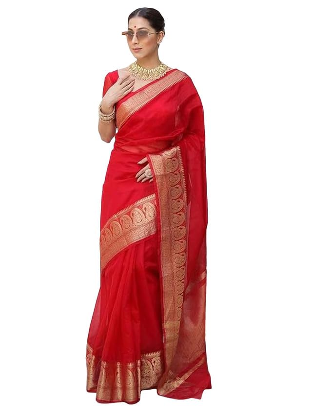 Satrani Women'S Organza Jacquard Border Saree With Unstitched Blouse Piece