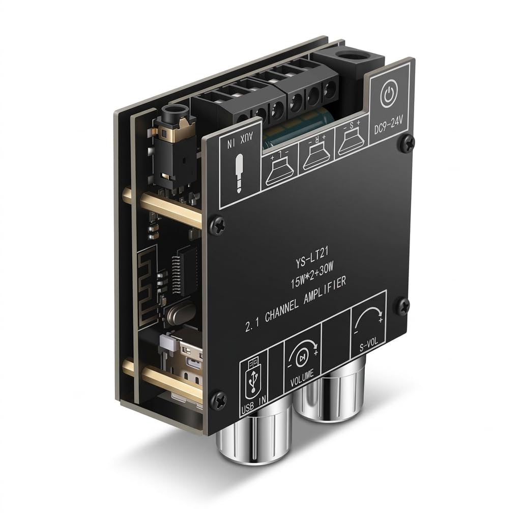 Power Amplifier Board, Bluetooth 5.1 Digital Audio Module with 2.1 Channels, 30W Output, AUX Input, Overload Protection