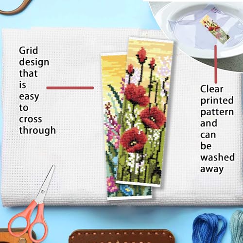 Image of FREEBLOSS 6 Set Cross Stitch Bookmark Kit Wild Flowers Pattern Stamped Cross Stitch Kit 11CT Embroidery Kits with Instructions for Beginners Adult 20x6cm /8x2.4inch